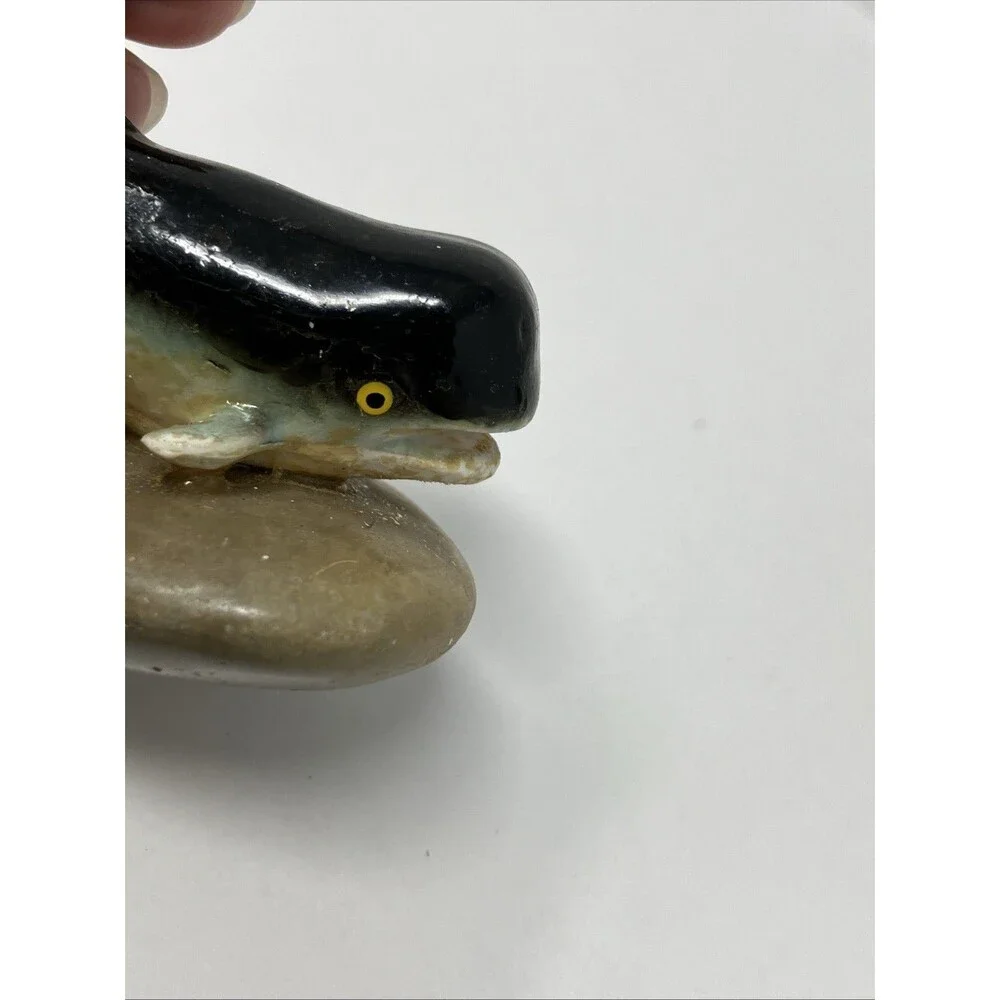 Vintage Ceramic Animal Figurine Lot Of 2 Miniature Whale On Stone & Sea Turtle